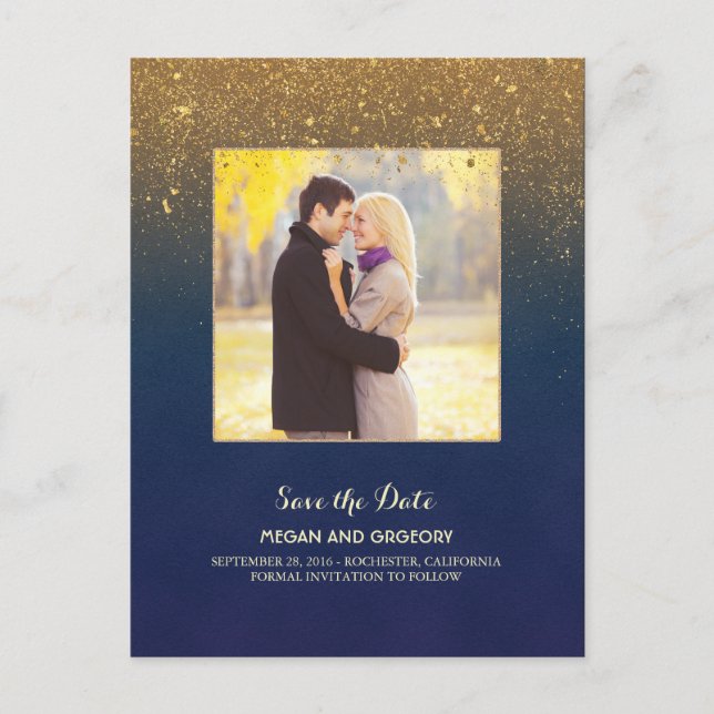 Navy and Gold Glitter Photo Save the Date Announcement Postcard (Front)