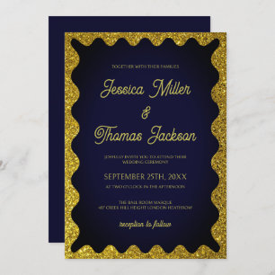 Navy and Gold Glitters Wavy Opulent Wedding Invitation