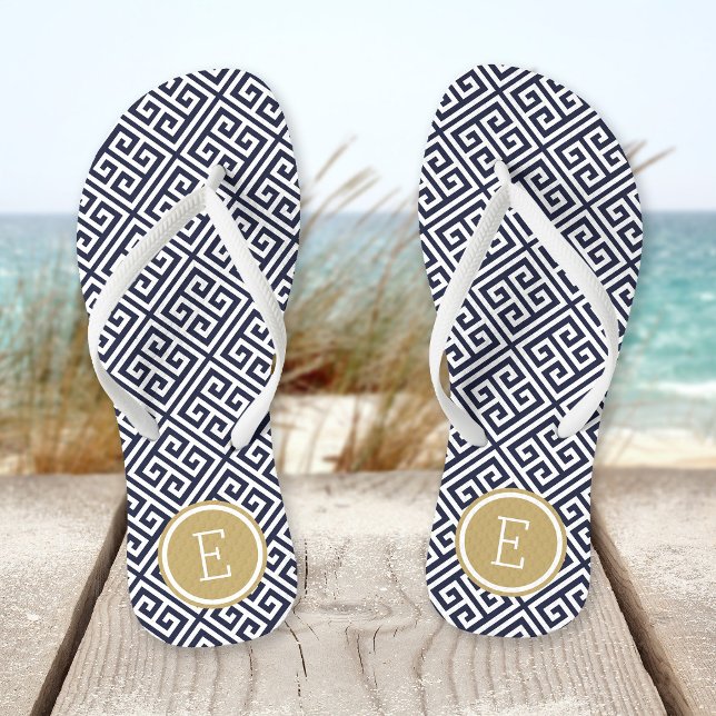 Navy and Gold Greek Key Monogram Flip Flops (Creator Uploaded)