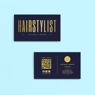 Navy And Gold Hairstylist QR Code & Logo Business Card