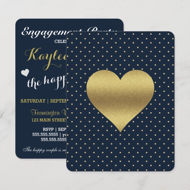 Navy And Gold Heart & Polka Dot Shower Party Invitation (Front/Back)