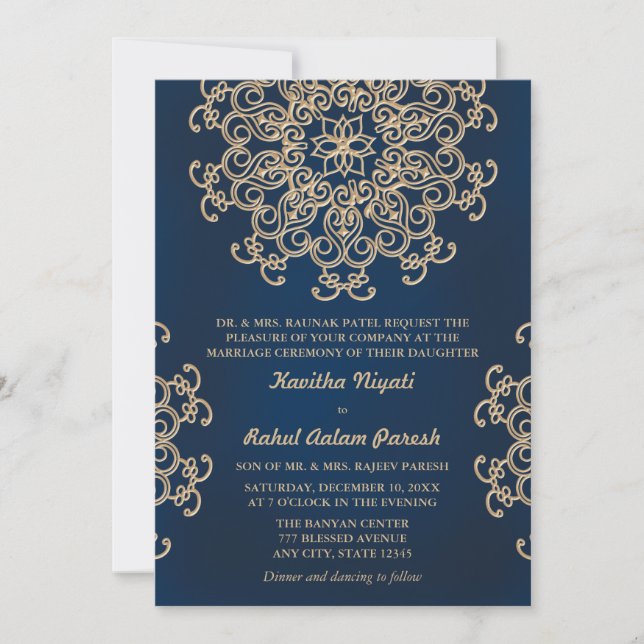Navy and Gold Indian Inspired Wedding Invitation (Front)