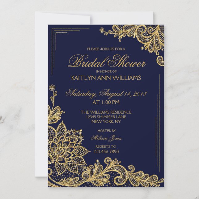 Navy and Gold Lace Bridal Shower Invitation Card (Front)