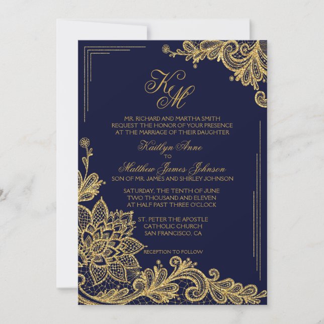 Navy and Gold Lace Wedding Invitation Card (Front)