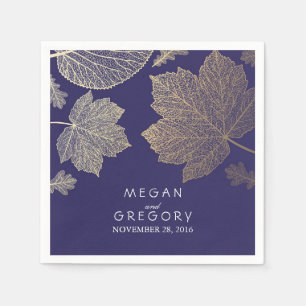 Navy and Gold Leaves Fall Wedding Napkin