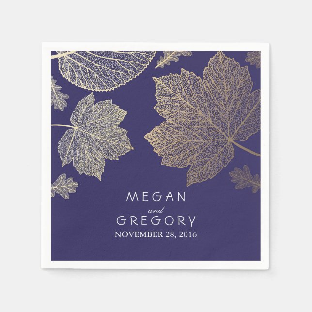 Navy and Gold Leaves Fall Wedding Napkin (Front)