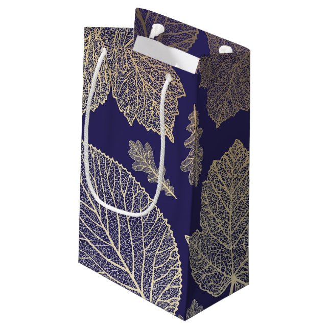 Navy and Gold Leaves Fall Wedding Small Gift Bag (Back Angled)