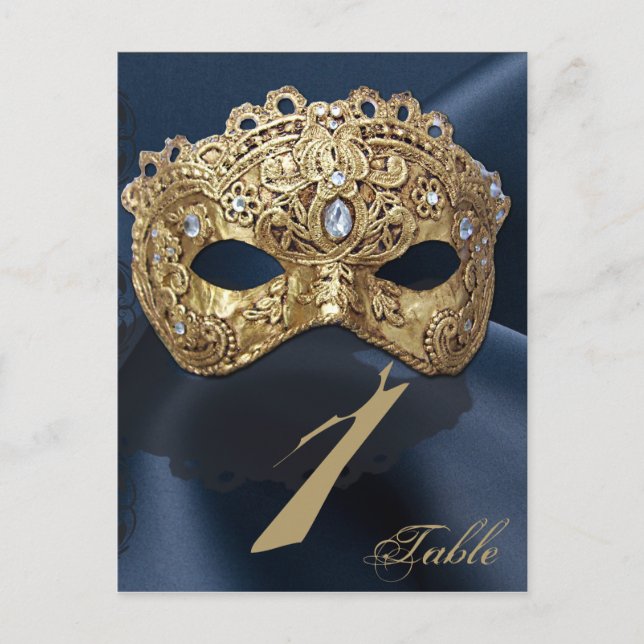 Navy and Gold Masquerade Wedding Table Number Postcard (Front)