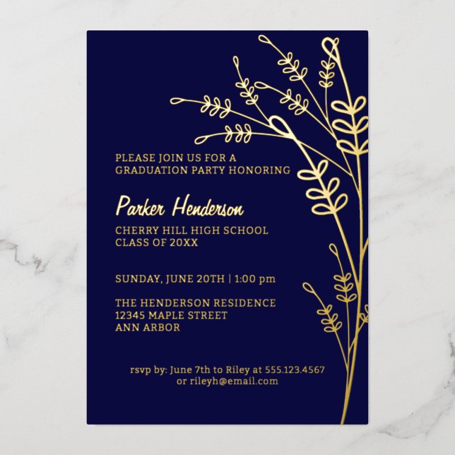 Navy and Gold Modern Floral Graduation Party (Front)