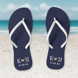 Navy and Gold Modern Wedding Monogram Flip Flops<br><div class="desc">Custom printed flip flop sandals personalised with a cute heart and your monogram initials and wedding date. Click Customise It to change text fonts and colours or add your own images to create a unique one of a kind design!</div>