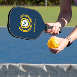 Navy and Gold Monogram Logo Crest Pickleball Paddle