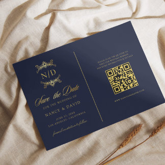 Navy And Gold Monogram Qr Code Wedding  Save The Date