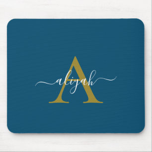 Navy And Gold Monogram Script Name Custom Mousepad