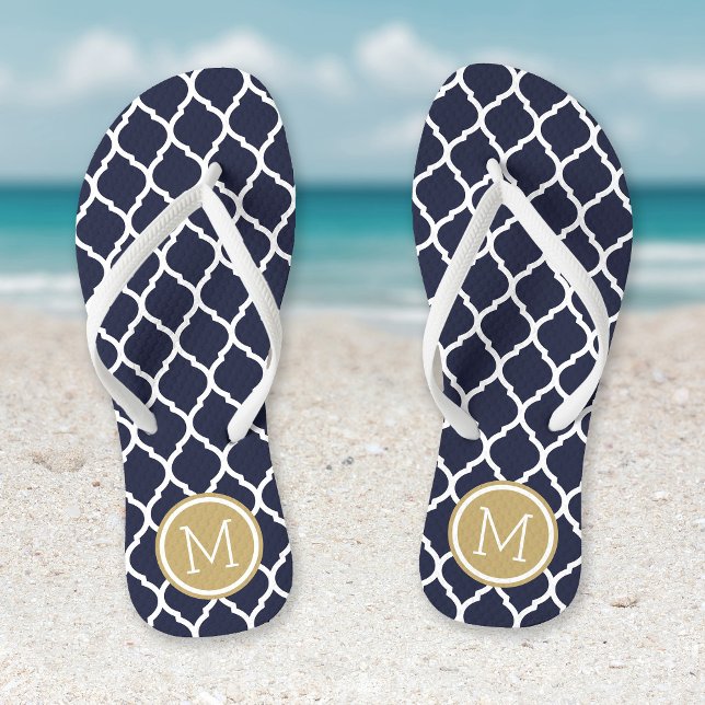 Navy and Gold Moroccan Quatrefoil Monogram Flip Flops (Creator Uploaded)