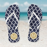 Navy and Gold Moroccan Quatrefoil Monogram Flip Flops<br><div class="desc">Custom printed flip flop sandals with a stylish Moroccan quatrefoil pattern and your custom monogram or other text in a circle frame. Click Customise It to change text fonts and colours or add your own images to create a unique one of a kind design!</div>