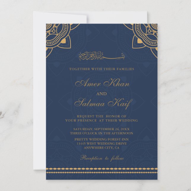 navy and gold muslim wedding Invitations (Front)