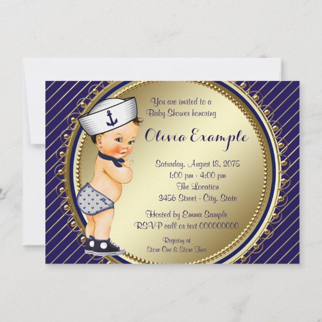 Navy and Gold Nautical Baby Shower Invitation (Back)