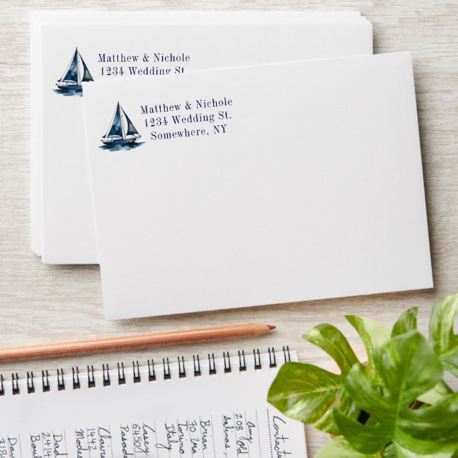 Navy and Gold Nautical Boat Gold Frame Wedding Envelope (Stacked)