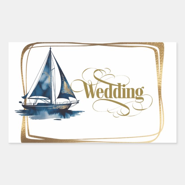 Navy and Gold Nautical Boat Gold Frame Wedding Rectangular Sticker (Front)