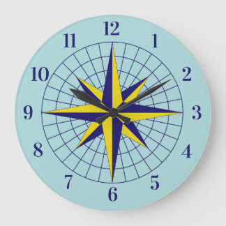 Navy and Gold Nautical Chart Compass Rose Boat Large Clock