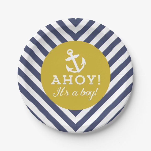 Navy and Gold Nautical Chevron Baby Shower Paper Plate (Front)