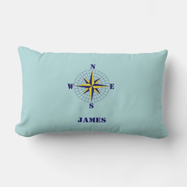 Navy and Gold Nautical Compass Rose with Name  Lumbar Cushion (Front)
