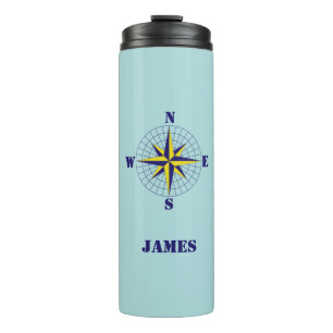 Navy and Gold Nautical Compass Rose with Name Thermal Tumbler