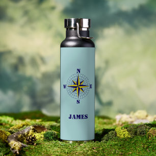 Navy and Gold Nautical Compass Rose with Name Water Bottle
