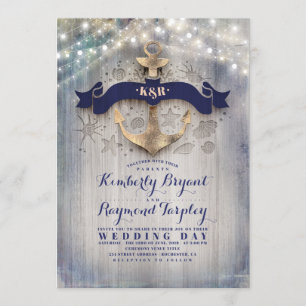 Navy and Gold Nautical Rustic Anchor Beach Wedding Invitation