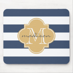 Navy and Gold Nautical Stripes Custom Monogram Mouse Mat