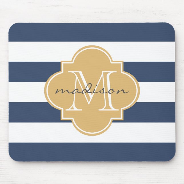 Navy and Gold Nautical Stripes Custom Monogram Mouse Mat (Front)