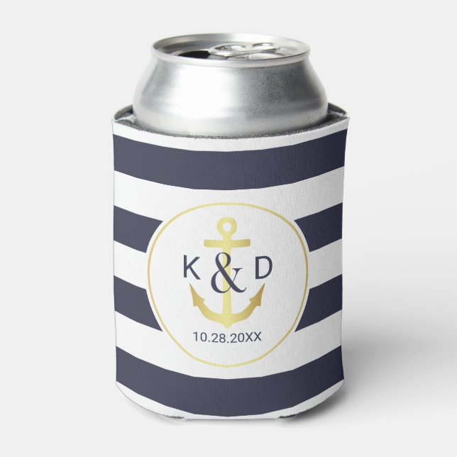 Navy and Gold Nautical Wedding Can Cooler (Can Front)