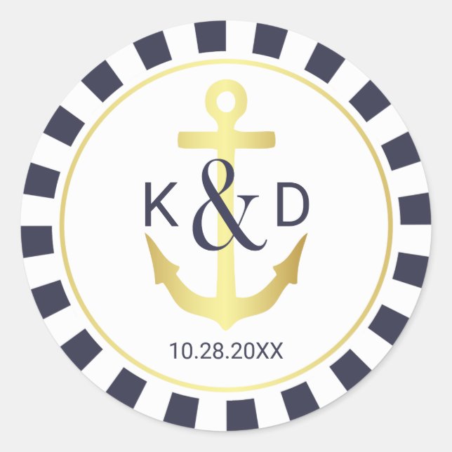 Navy and Gold Nautical Wedding Classic Round Sticker (Front)