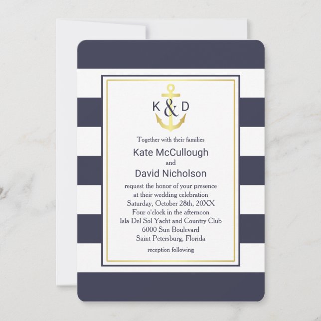 Navy and Gold Nautical Wedding Invitation (Front)