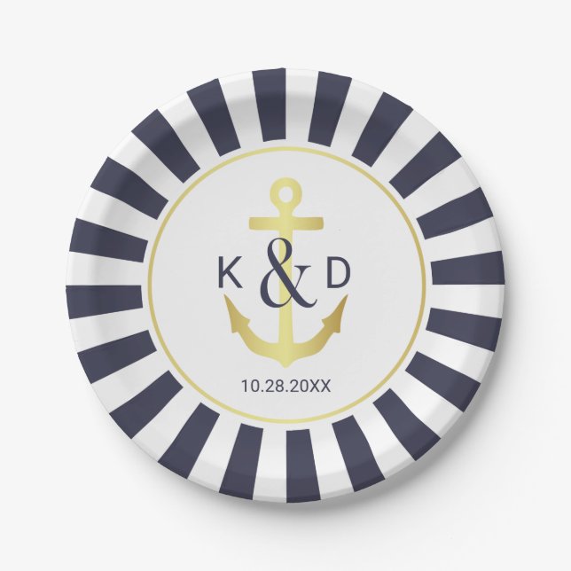 Navy and Gold Nautical Wedding Paper Plate (Front)