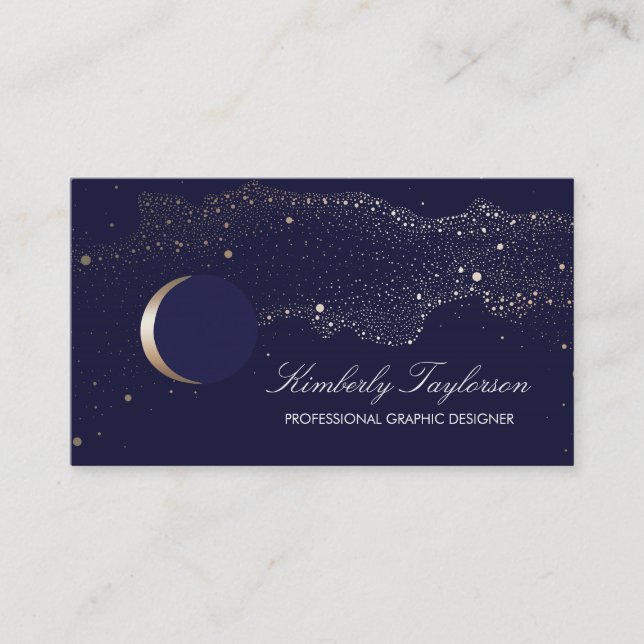Navy and Gold Night Stars Crescent Moon Modern Business Card (Front)