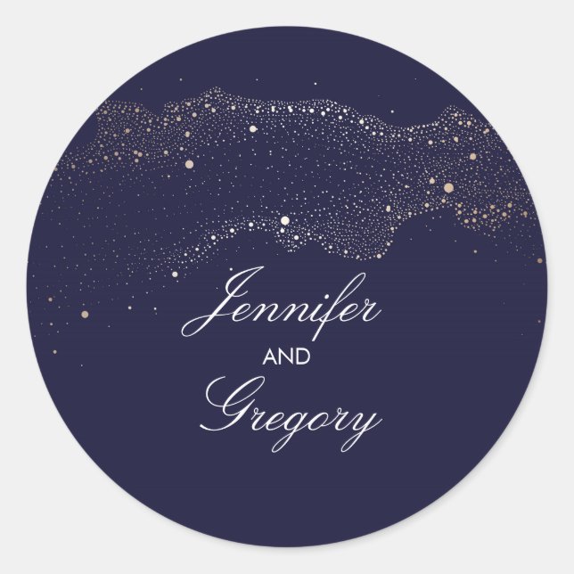 Navy and Gold Night Stars Modern Wedding Classic Round Sticker (Front)