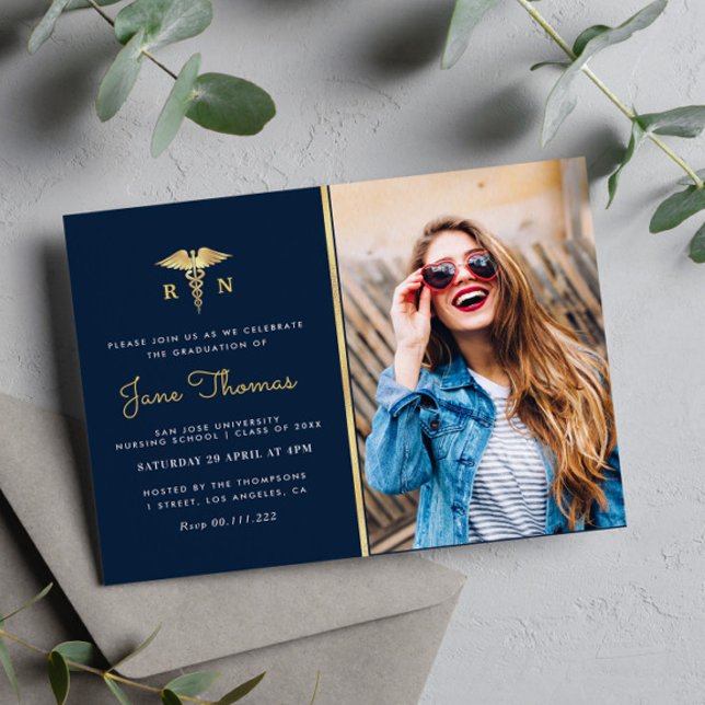 Navy and gold Nursing school graduation party Invitation (Creator Uploaded)