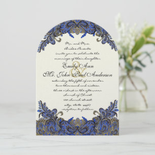 Navy and Gold Peacock Ivory Wedding Invitation