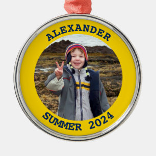 Navy and Gold Personalised Round Family Photo Metal Tree Decoration