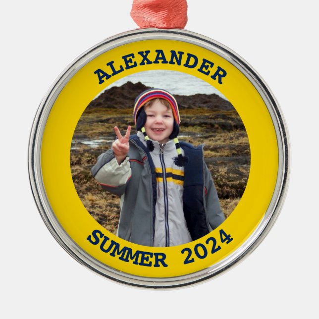 Navy and Gold Personalised Round Family Photo Metal Tree Decoration (Front)