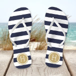 Navy and Gold Preppy Stripes Monogram Flip Flops<br><div class="desc">Custom printed flip flop sandals with a preppy nautical stripe pattern and your custom monogram or other text in a circle frame. Click Customise It to change text fonts and colours or add your own images to create a unique one of a kind design!</div>