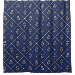 Navy and Gold Roses in Squares Shower Curtain