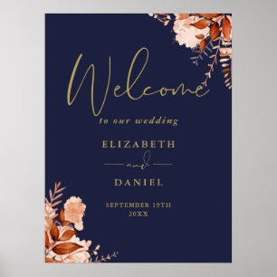 Navy And Gold Rustic Floral Wedding Welcome Sign