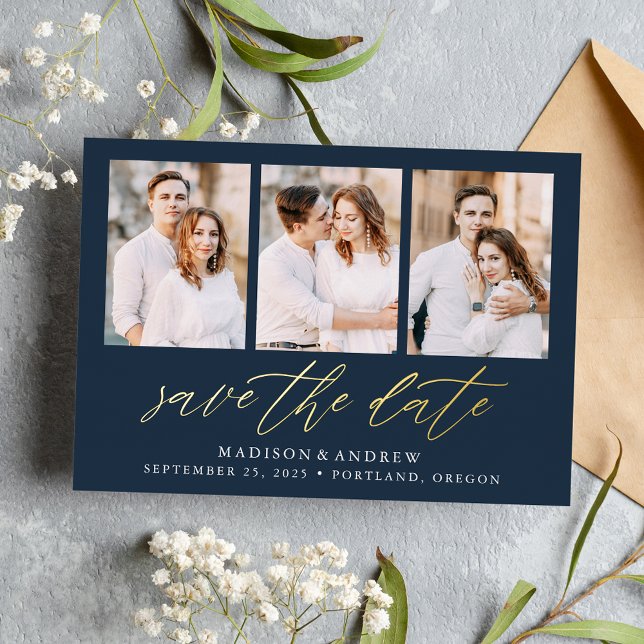 Navy and Gold Script 3 Photo Save the Date (Creator Uploaded)