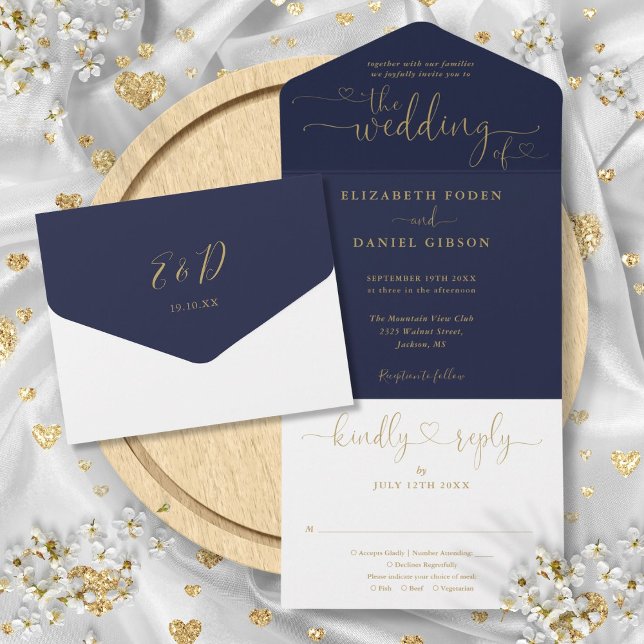 Navy And Gold Script Hearts Minimalist Wedding  All In One Invitation (Navy And Gold Script Hearts Minimalist Wedding All In One Invitation)