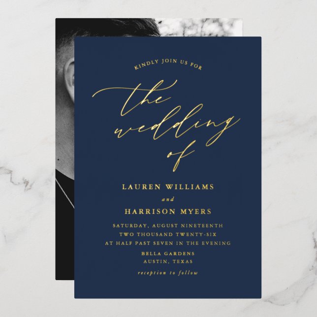 Navy and Gold Script Photo Wedding (Front/Back)