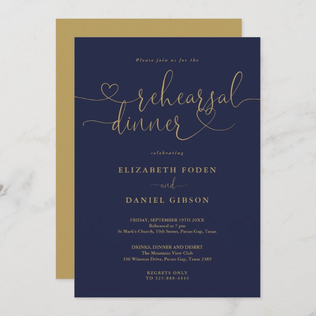 Navy And Gold Script Wedding Rehearsal Dinner Invitation (Front/Back)