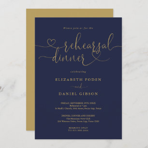 Navy And Gold Script Wedding Rehearsal Dinner Invitation