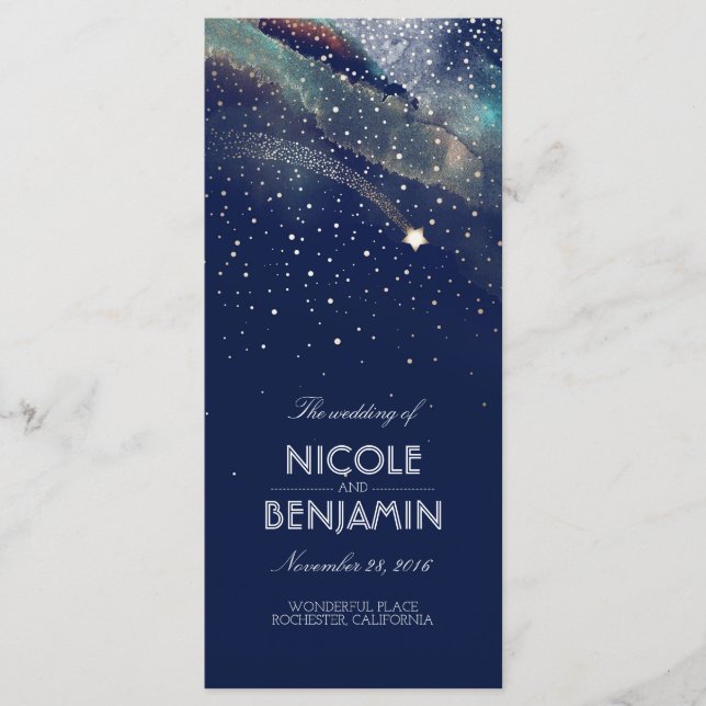 Navy and Gold Shooting Star Night Wedding Programs Programme (Front)
